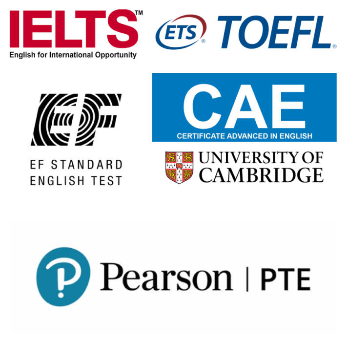 english exam logos: IELTS, TOEFL, EF Standard English Test, CAE, PTE
