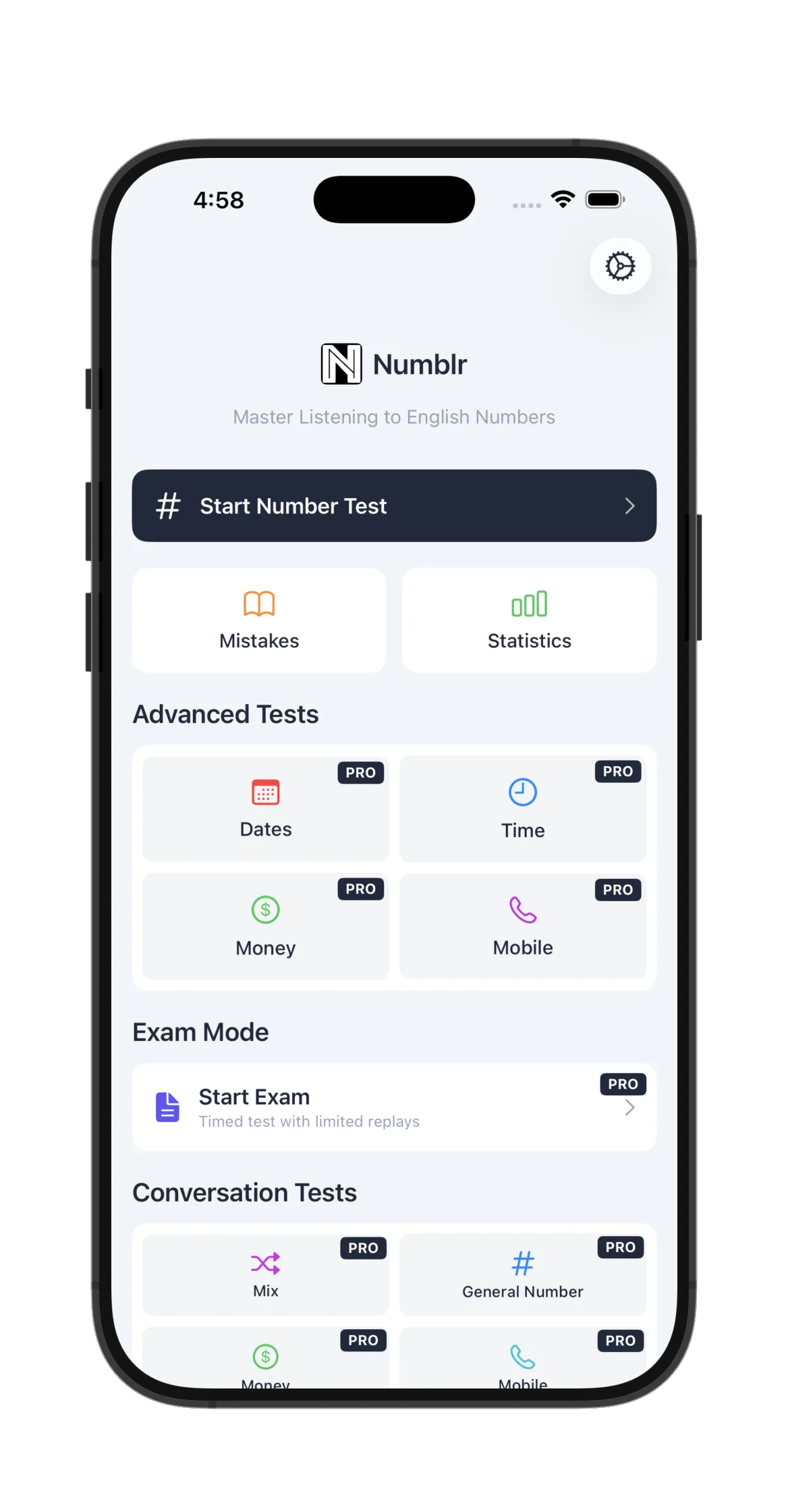 Numblr running on iPhone — home screen with number test categories